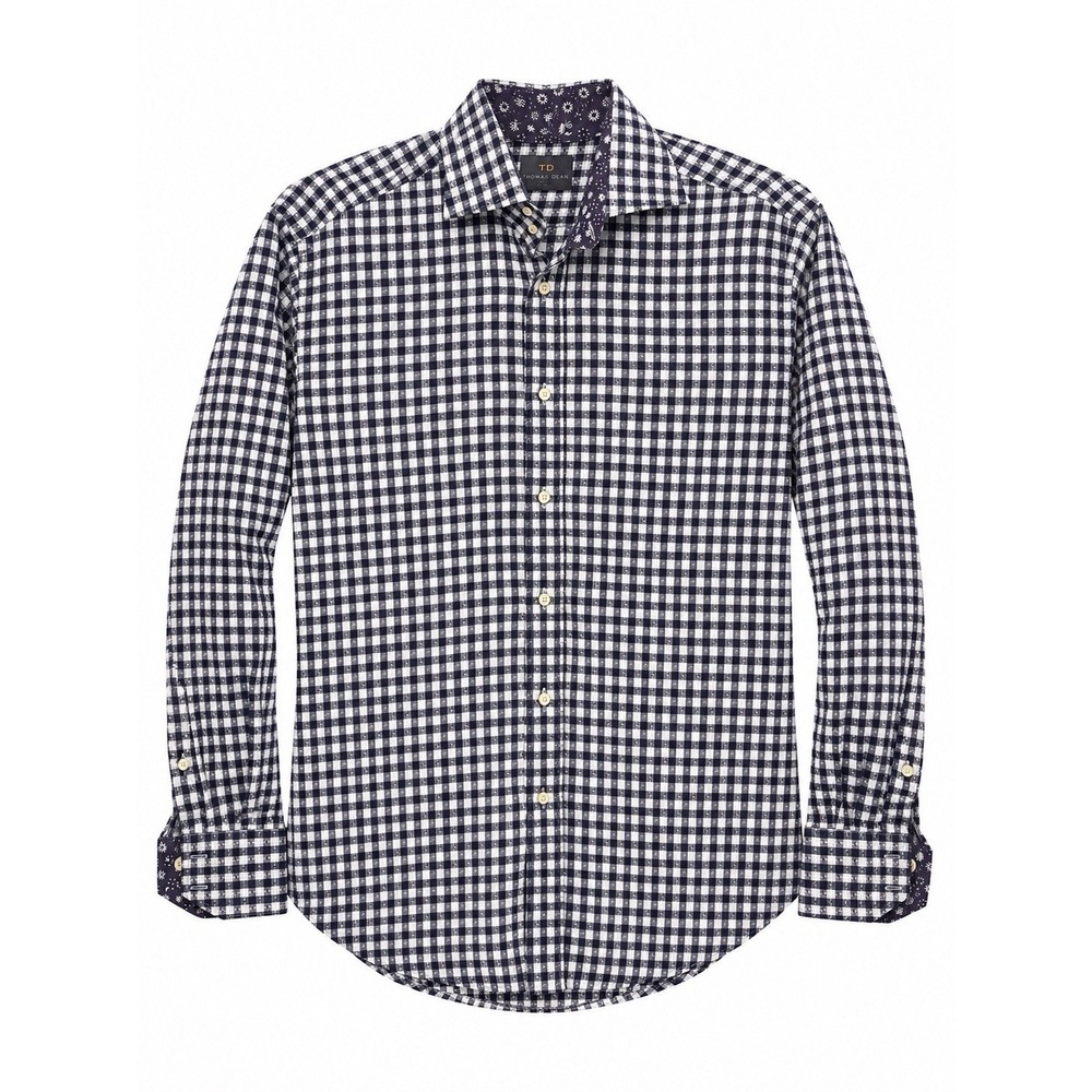 Thomas Dean Men's Medium Navy White Gingham Seersucker Long Sleeve Button-Up